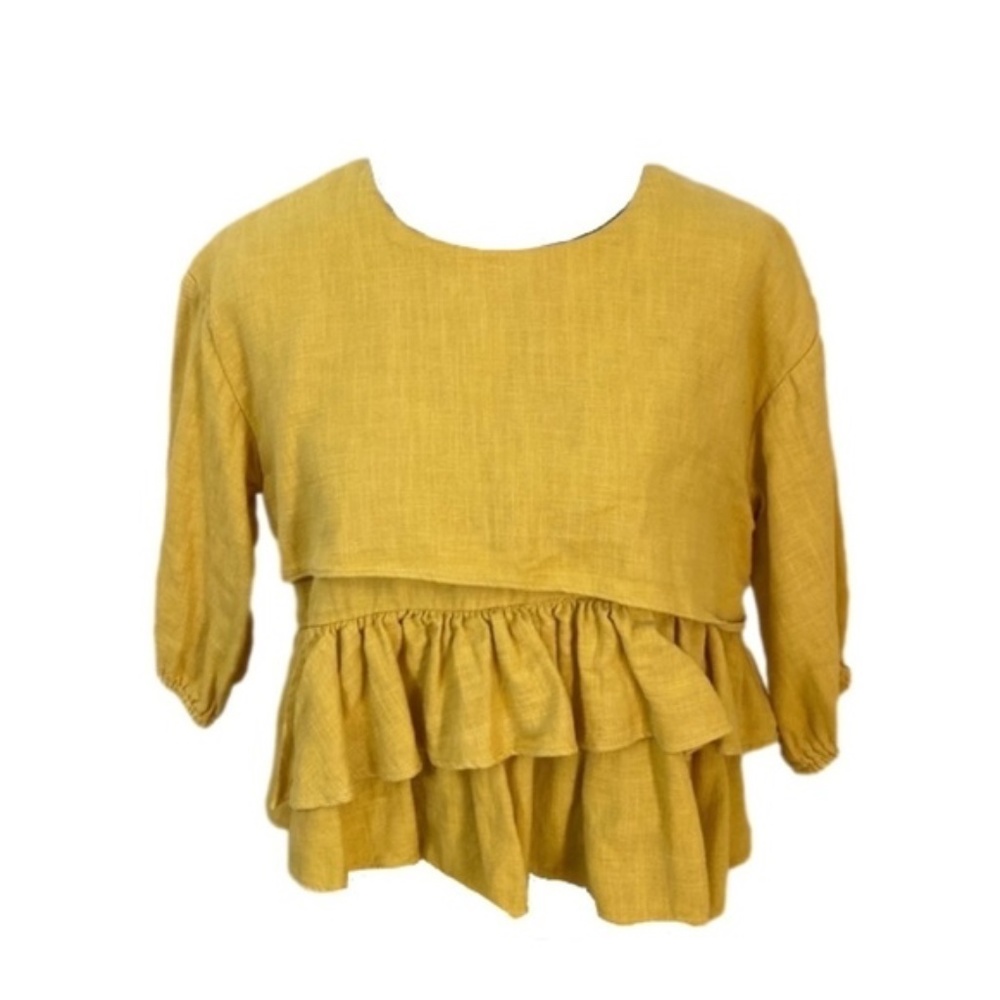 Moon River Mustard Linen Ruffle Top, Size S